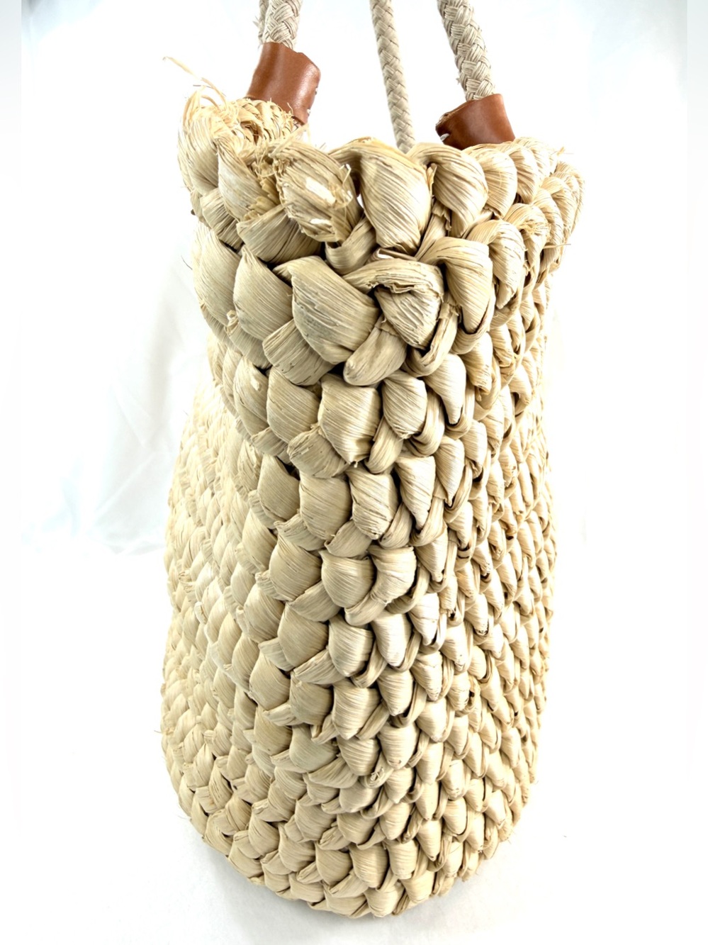 Lands End Woven Raffia Beach Shopper Summer Large Straw Tote Bag Leather Accents - Picture 6 of 11